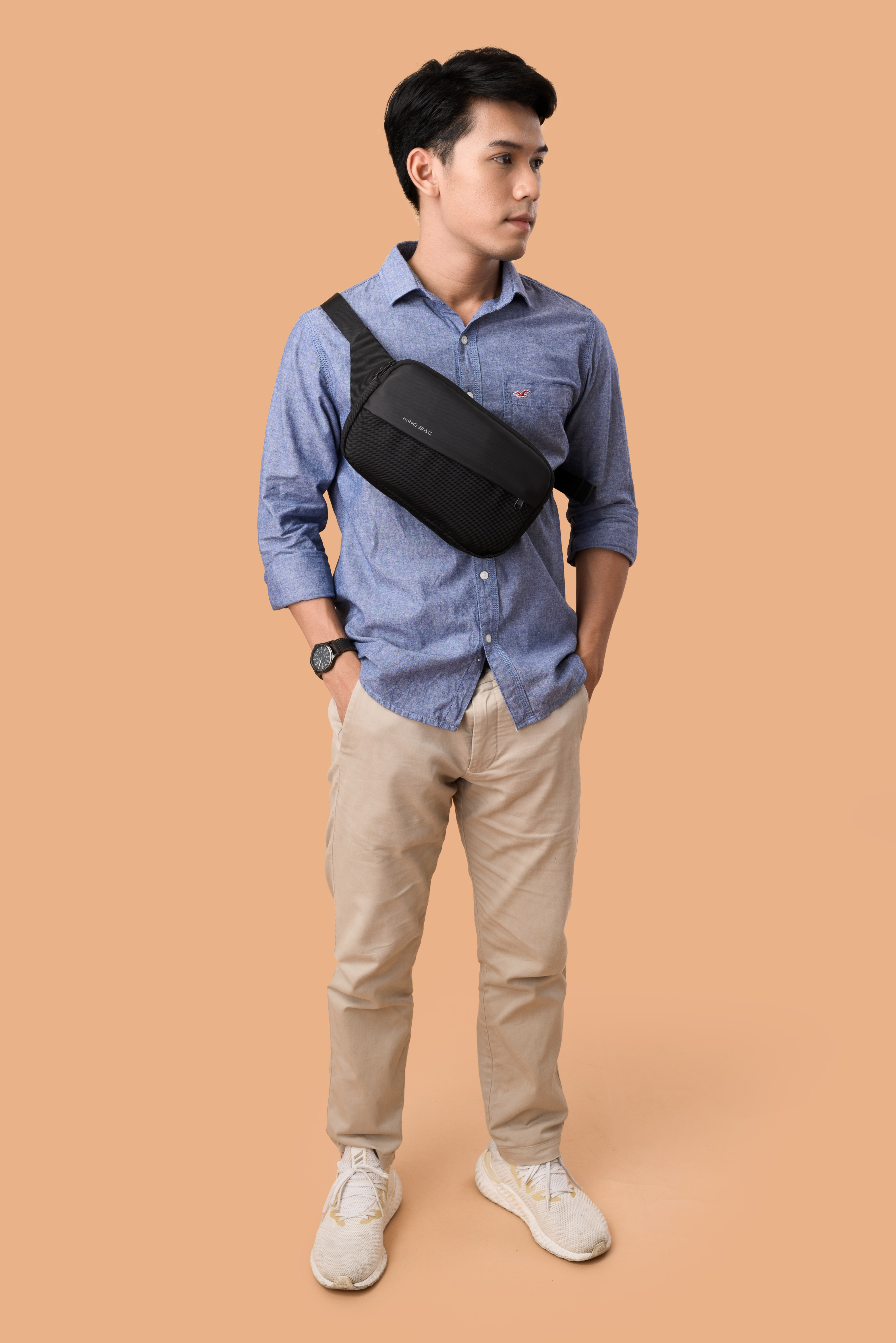 Túi đeo chéo thời trang KINGBAG BAMBOO nhiều ngăn, vải kháng nước tốt, khóa YKK, màu đen - Hàng chính hãng