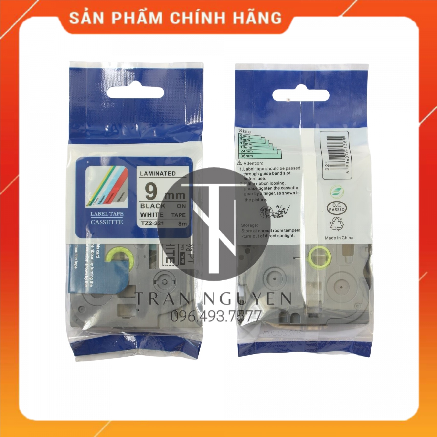 Nhãn In đa lớp Tz2-221 - Đen nền trắng 9mm x 8m- hàng chính hãng