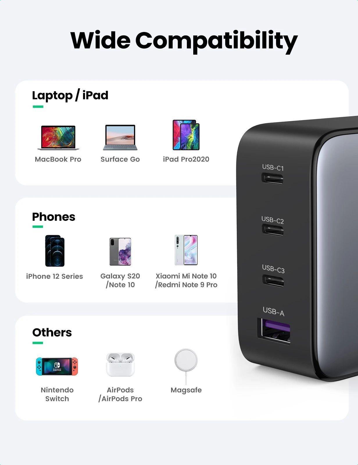 Ugreen UG40737CD226TK 100W US PD3.0 GaN màu đen 3C + 1A sạc siêu nhanh 4 cổng 3 x usb type C và 1 x A chân cắm dẹp - HÀNG CHÍNH HÃNG
