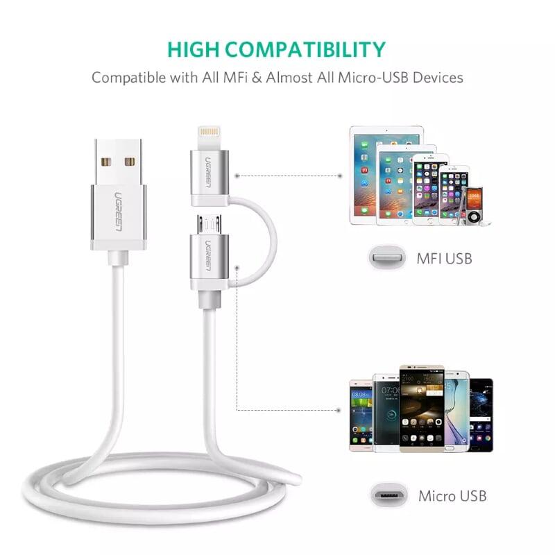 Ugreen UG30669US165TK 1M màu Bạc Cáp sạc đa năng USB sang MicroUSB + Lightning - HÀNG CHÍNH HÃNG