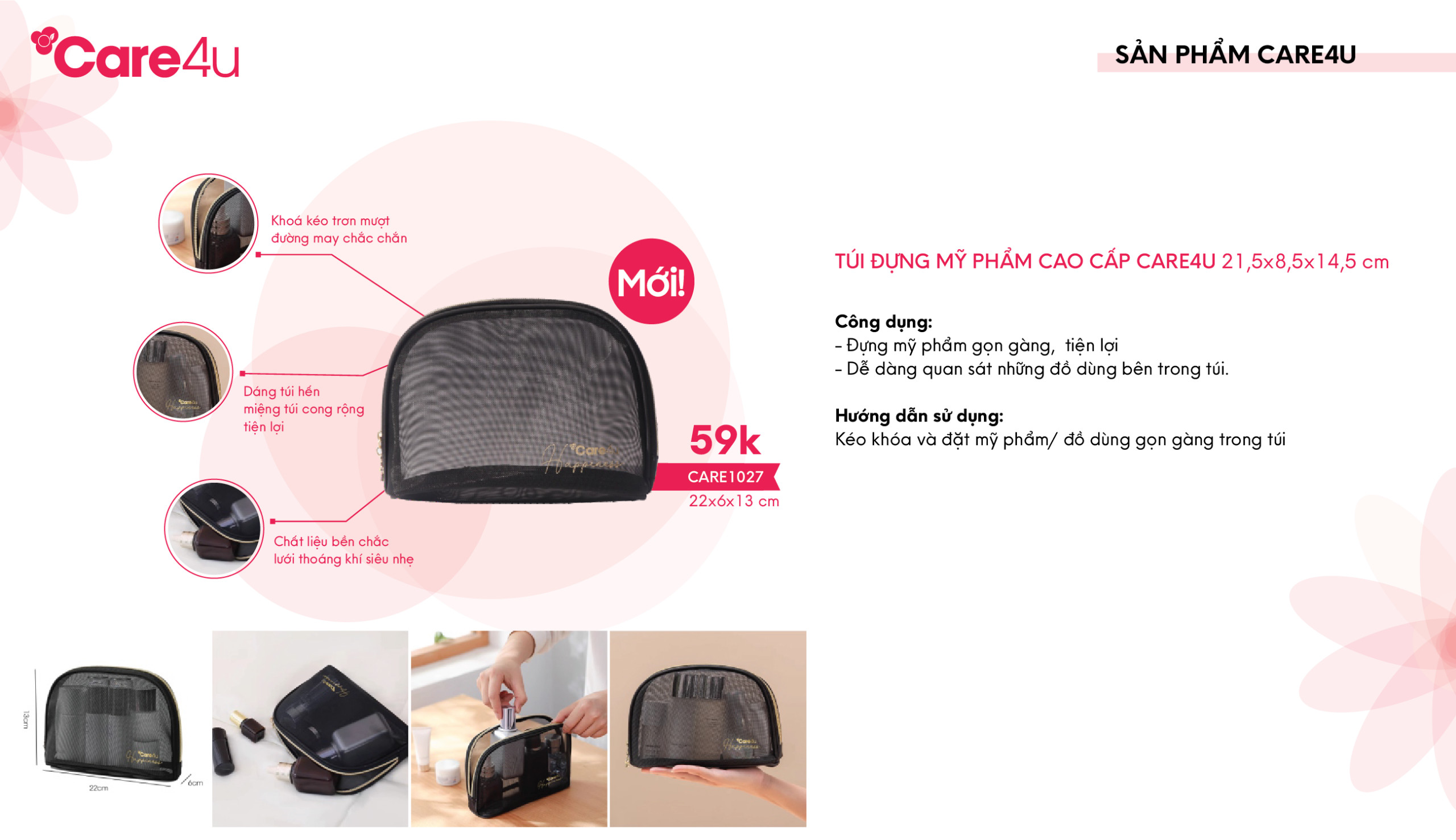Túi đựng mỹ phẩm tiện lợi mang đi du lịch Care4u 22x6x13 cm