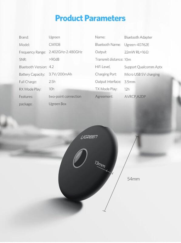 Ugreen UG40762CM108TK BT 4.2 màu Đen Bộ thu phát âm thanh Bluetooth hỗ trợ APTX - HÀNG CHÍNH HÃNG
