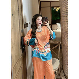 Bộ đồ ngủ lụa tay lở quần dài B197 hoa tiết gấu cam dễ thương