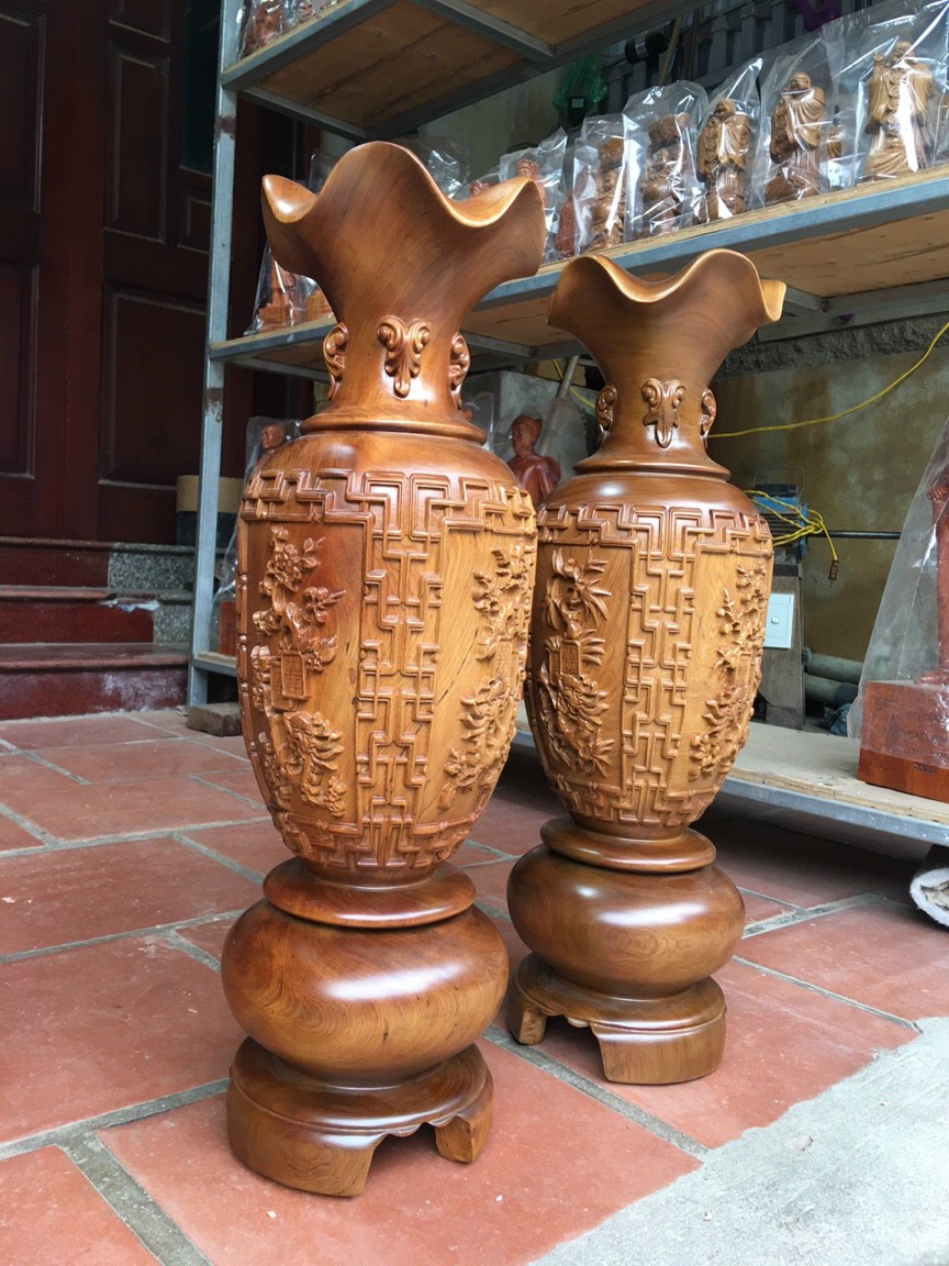 Cặp lục bình trạm khắc tứ quý phong thủy hút tài lộc ,bằng gỗ bách xanh thơm nức kt cao30×10cm