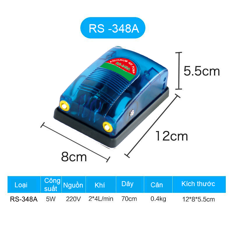 Máy Sủi Khí Oxy 2 Vòi RS 348A tặng kèm 2 bộ dây quả sủi (Máy sục khí oxy dùng cho bể cá cảnh dưới