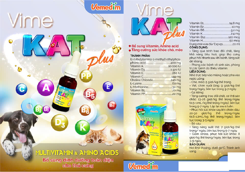 Vemedim Vimekat plus Bổ Sung Vitamin Tăng Sức khỏe, Nhanh Phục Hồi cho Chó Mèo, Chim Cảnh, Gà đá