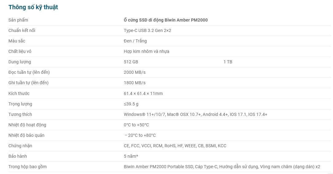 Ổ cứng di động SSD BIWIN Amber PM2000 512GB / 1TB, USB 3.2 Gen 2×2 bảo hành 5 năm Hàng chính hãng