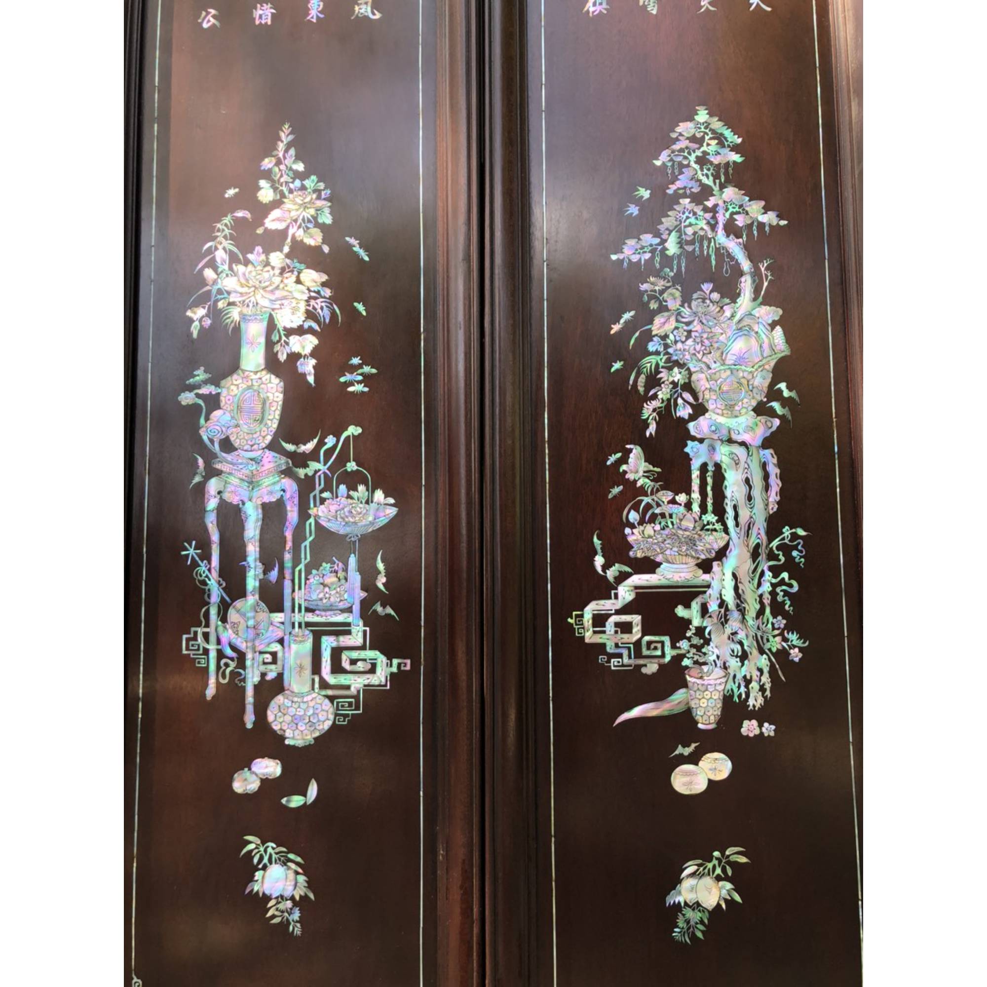 Tranh tứ bình ,hay gọi tranh đông bích gỗ gụ khảm ốc đỏ singgaprore kt 31×117×4cm