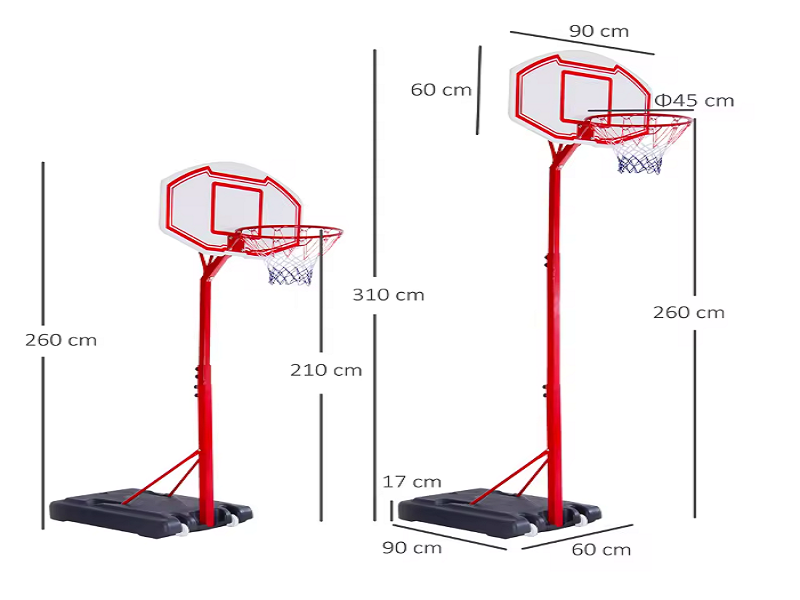 Trụ bóng rổ S003 điều chỉnh từ 2.1m đến 2.6m, sử dụng cho học sinh tiểu học, trung học, đối trọng đổ nước tiện dụng.