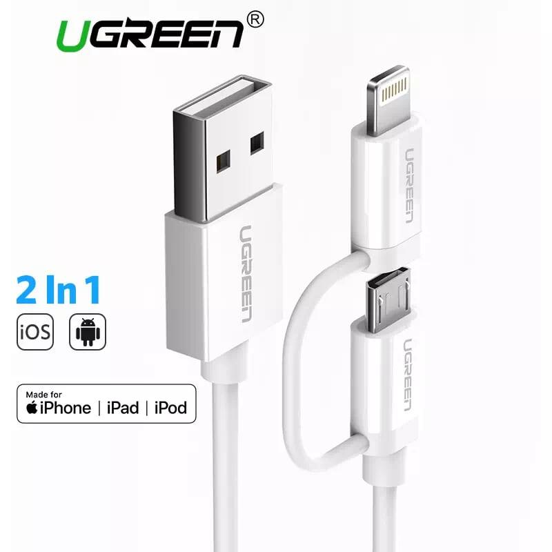 Ugreen UG20876US178TK 1M màu Trắng Cáp sạc đa năng USB sang MicroUSB + Lightning - HÀNG CHÍNH HÃNG