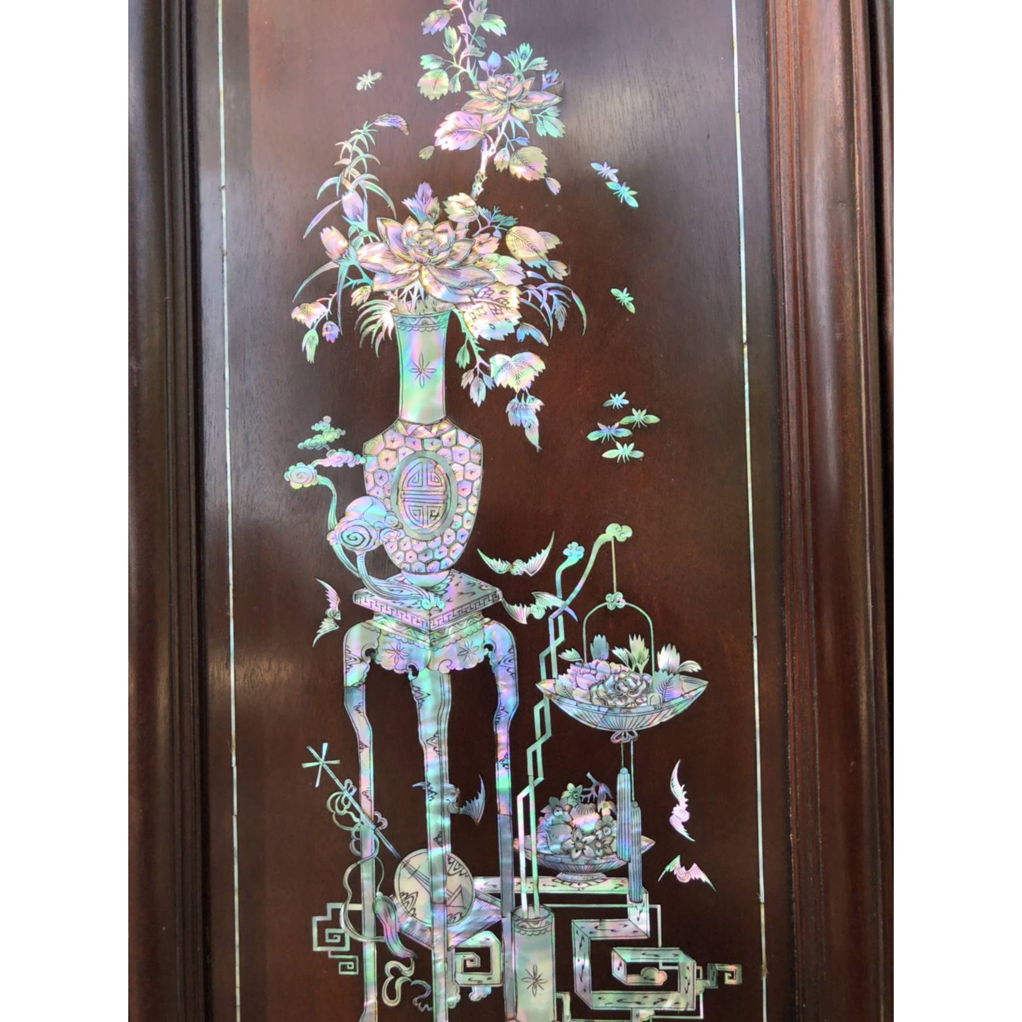 Tranh tứ bình ,hay gọi tranh đông bích gỗ gụ khảm ốc đỏ singgaprore kt 31×117×4cm