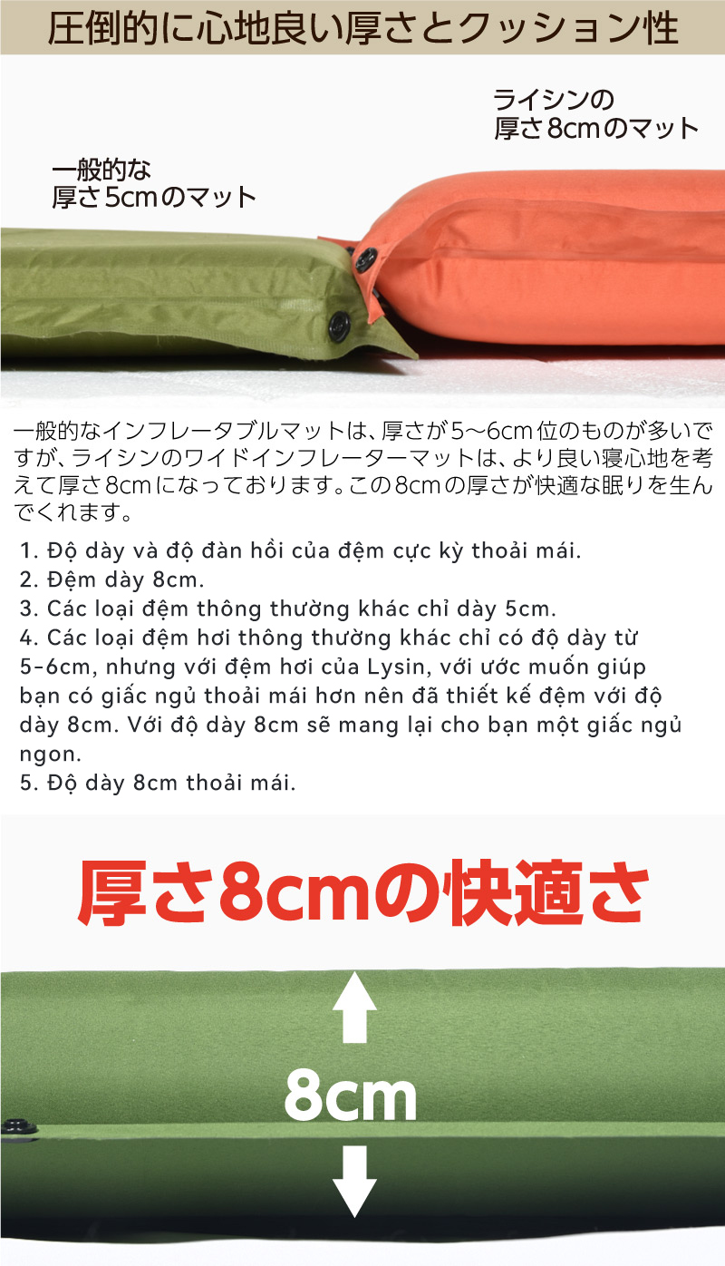 Lysin - đệm nằm dã ngoại (rộng 70cm dày 8cm, chất liệu polyetylen) tự bơm hơi thoảng mái chống thấm nước cắm trại ngoài trời, picnic, du lịch camping có thể liên kết với nhau
