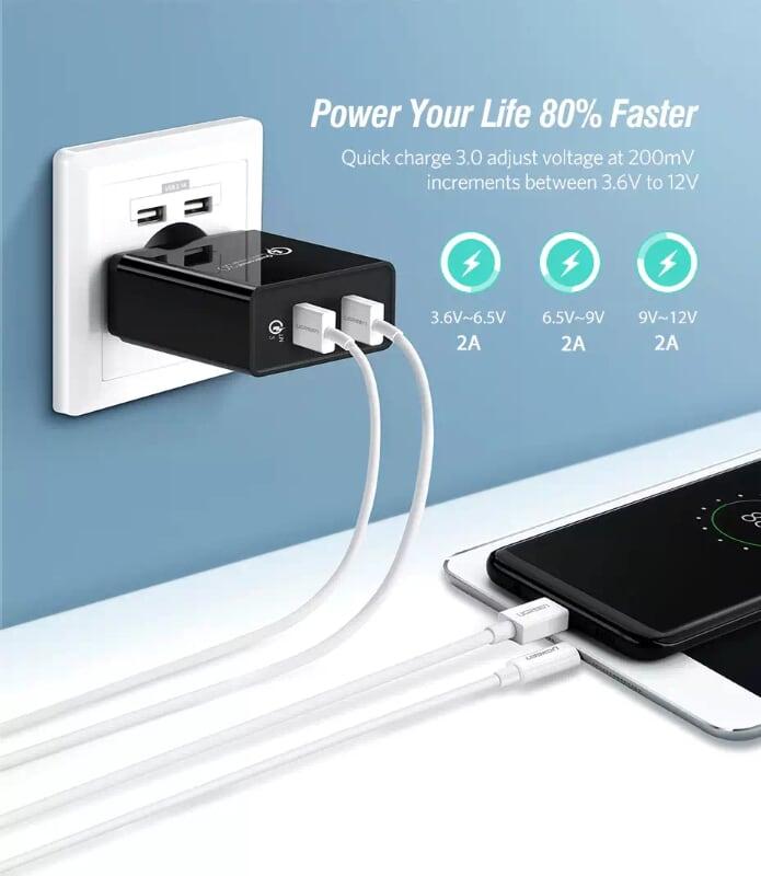 Ugreen UG30599CD132TK 30W màu Đen Củ sạc nhanh 2 cổng USB chuẩn QC 3.0 + 2.4A - HÀNG CHÍNH HÃNG