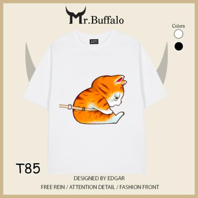 Áo đôi tay lỡ unisex Mèo dễ thương mèo trắng kéo mèo vàng cho cặp đôi Mr.Buffalo