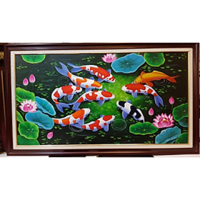 TRANH VẼ SƠN DẦU - CỬU NGƯ QUẦN TỤ (HOA SEN VÀ CÁ COI)