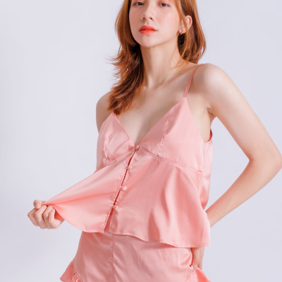 Bộ đồ ngủ dây ngắn Pink Stull nút bọc hồng