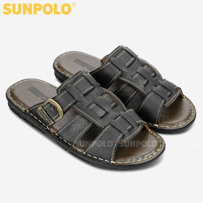 Dép nam quai ngang da bò cao cấp SUNPOLO AQN001 phiên bản đen