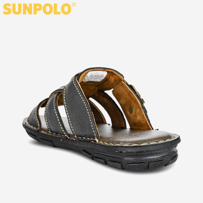 Dép nam quai ngang da bò cao cấp SUNPOLO AQN001 phiên bản đen