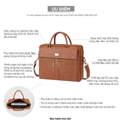 Túi xách công sở nam nữ đựng laptop 15 inch IDIGO MB2 - 6010, túi đựng tài liệu A4 ngăn kéo trước thanh lịch