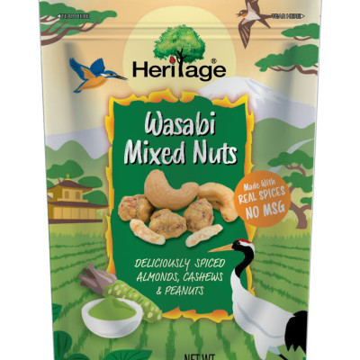 Hạt hỗn hợp khô : Hạnh nhân, hạt điều, đậu phộng tẩm wasabi, chính hãng Heritage vị cay nồng gói 130g- Wasabi Mixed Nuts Heritage 
