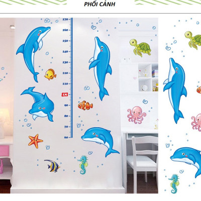 Decal dán tường thước đo Cá heo nhảy múa AmyShop (160 x 110cm)