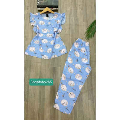  Đồ bộ nữ,đồ ngủ mặc nhà lửng 9 tấc áo 2 lớp tay cánh tiên vải lanh BL 42 họa tiết dễ thương size 51-65kg.