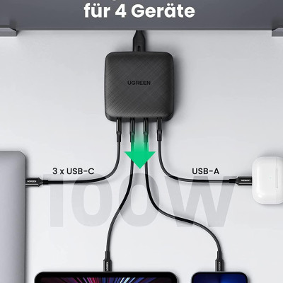 Ugreen UG70870CD226TK 100W Màu đen Bộ sạc nhanh điện thoại 3 cổng USB-C + 1 cổng USB -A hỗ trợ GaN chuẩn cắm nguồn EU - HÀNG CHÍNH HÃNG