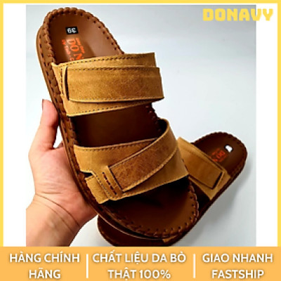 DÉP NAM QUAI NGANG DA BÒ 100%DONAVY, KIỂU 02 QUAI KÉP ĐẲNG CẤP, MAY HANDMADE 02 LẦN QUAI VÀ ĐẾ CHẮC CHẮN
