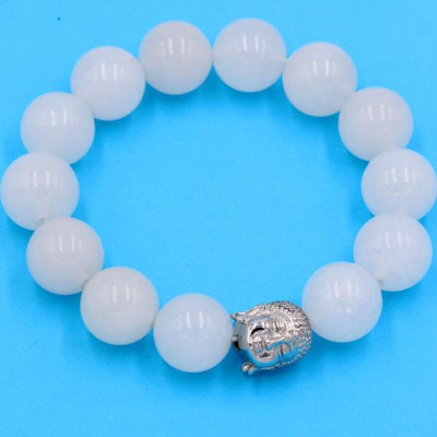 Vòng đeo tay thạch anh trắng 14 ly - cẩn hạt Như Lai inox trắng VTTNLT14 - hợp mệnh Kim, mệnh Thủy