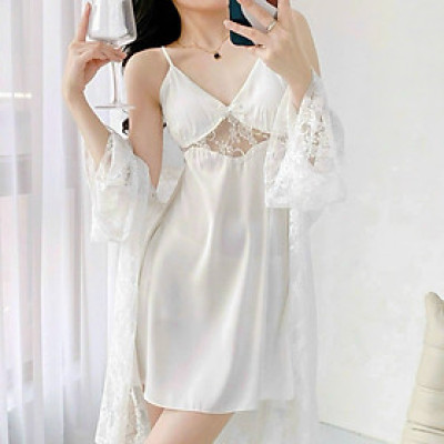 Váy ngủ lụa 010 kèm choàng ren hoa gợi cảm