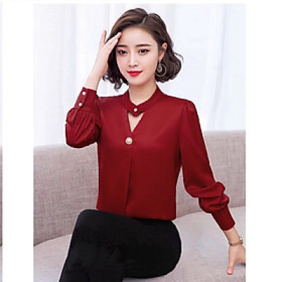 Áo Sơ Mi Phi Lụa Duyên Dáng Cổ Tim Cách Điệu Phối Nút