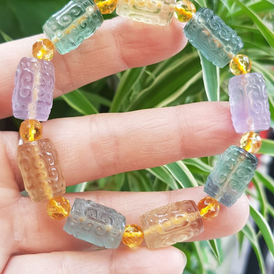Vòng Tay nữ charm cao cấp Đá Fluorit tự nhiên đa sắc màu kiểu hạt 10mm phối tròn đẹp sang các Chị đeo xinh tay may mắn tài lộc cả năm ạ