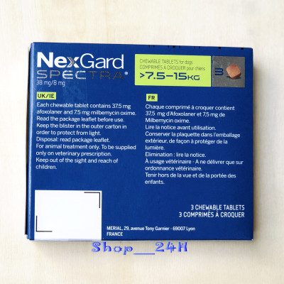 1 hộp NexGard Spectra trị giun, ghẻ, ve rận, viêm da (chó 7,5 - 15kg; hộp 3 viên)