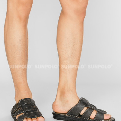Dép nam quai ngang da bò cao cấp SUNPOLO AQN001 phiên bản đen