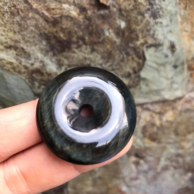 Mặt Dây Chuyềnn Đồng Tiền Điếu đá mắt hổ đen xanh xíu vàng tự nhiên  size 33mm x dầy 8,5mm  Nam mệnh Thủy Mộc 