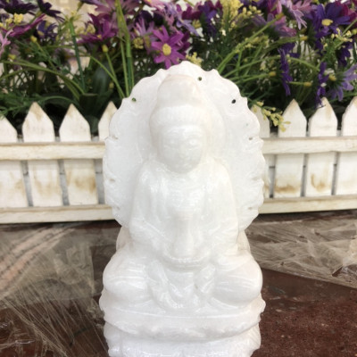 Tượng Phật Bà Quan Âm 2 mặt ngồi đài sen có hào quang đá trắng - Cao 12 cm và 15 cm