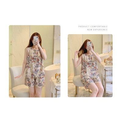 Bộ đồ mặc ở nhà dành cho nữ, bộ áo ba lỗ và quần đùi vải lanh mềm mát, họa tiết trẻ trung, size từ 45 - 75 kg (kiểu 1)