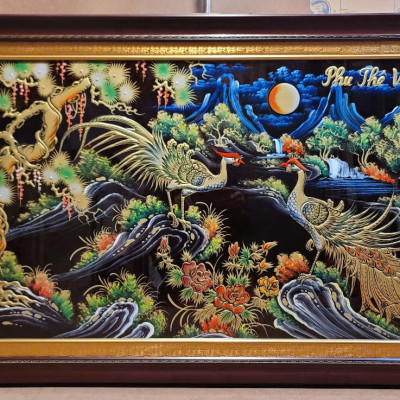 Tranh sơn mài thếp vàng Đôi Chim Công