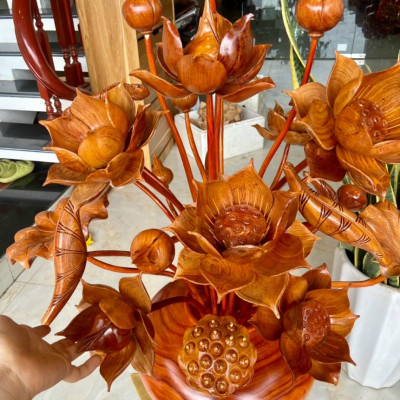 1 Bình hoa sen gỗ hương đỏ ,25 cành hoa lá gương ,bằng gỗ hương đá trang trí phòng khách ,phòng thờ quá đẹp 