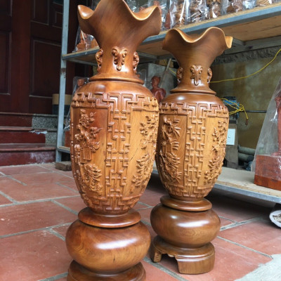 Cặp lục bình trạm khắc tứ quý phong thủy hút tài lộc ,bằng gỗ bách xanh thơm nức kt cao30×10cm