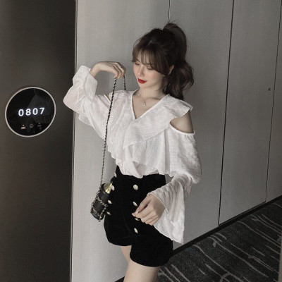 Áo sơ mi nữ thời trang dài tay hở vai nhún bèo - Hàng cao cấp