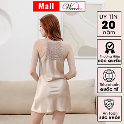 Đầm ngủ lụa WANNABE DNS43 váy ngủ 2 dây cổ yếm lưng phối ren xinh xắn, xẻ 2 giữa 2 đùi làm tăng nét nữ tính quyến rũ của bạn gái
