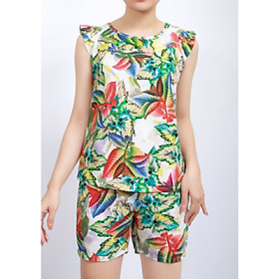 Bộ mặc nhà lanh (tole) Vicci BS3D.069.16 quần short vải Thái 3D cao cấp họa tiết lá nhiều màu