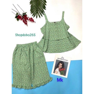 Bộ ngủ 2 dây,đồ bộ mặc nhà nữ lửng tầng vải lụa BL 56 hoạ tiết hoa nhí dễ thương size 47-60kg.
