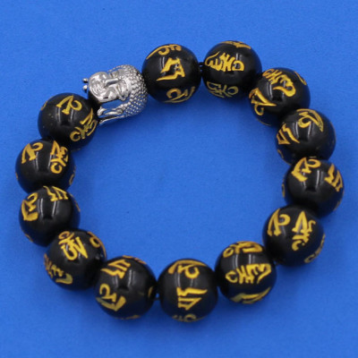 Vòng đeo tay Thạch Anh Đen Phật chú 14 ly cẩn hạt Phật A Di Đà inox bạc VTAEPVNLT14