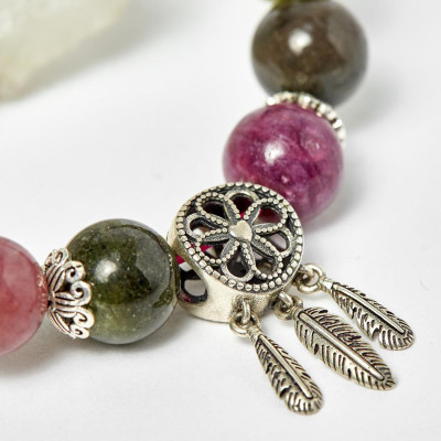 Vòng tourmaline đa sắc phối charm dreamcatcher bạc 10mm - Ngọc Quý Gemstones