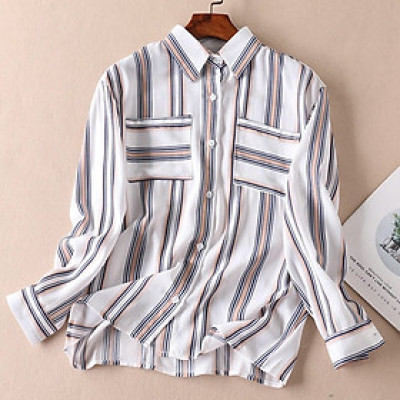 Áo sơ mi nữ Haint Boutique, Áo sơ mi trắng dài tay phối màu kẻ sọc phong cách công sở Sm86