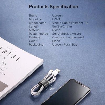 Ugreen UG40354LP124TK 2M Black Velcro Cable Organizer Black - HÀNG CHÍNH HÃNG