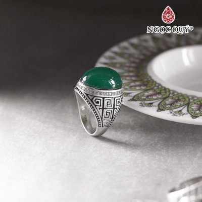 Nhẫn bạc nam mặt đá Ngọc đế quan 13x19mm Ni18 mệnh hỏa mộc - Ngọc Quý Gemstones