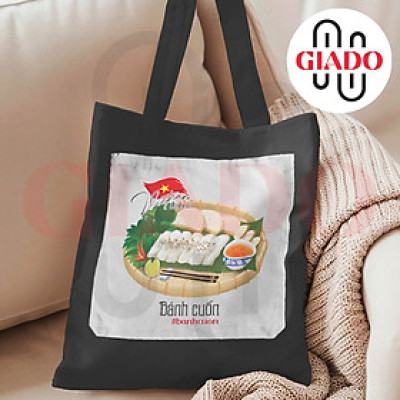 Túi canvas GIADO, túi canvas đen, túi tote in hình món ăn Việt Nam mẫu Bánh cuốn